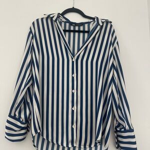 NWOT Zara Navy and White Striped Satin Button Down Shirt